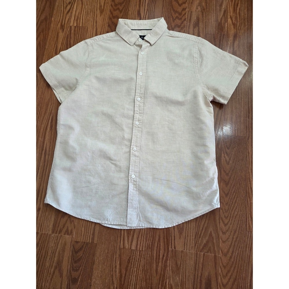Vustra Mens Large Linen Cotton Short Sleeve Button Down Shirt Beige Tan‎ Casual
